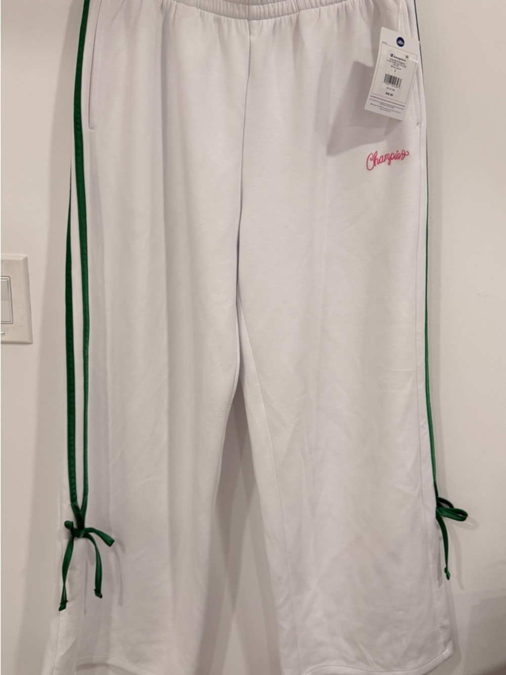 Champion Wide Leg Track Pants Green Side Stripe Bow Pink Logo Athleisure Large